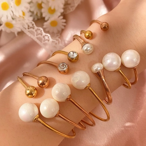 Bracciale Rigido Aperto in Acciaio Inossidabile per Donna Oro Oro Rosa Cubo Geometrico Perla Artificial Strass Gioielli Regolabili
