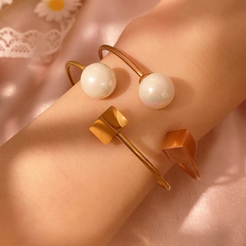Bracciale Rigido Aperto in Acciaio Inossidabile per Donna Oro Oro Rosa Cubo Geometrico Perla Artificial Strass Gioielli Regolabili