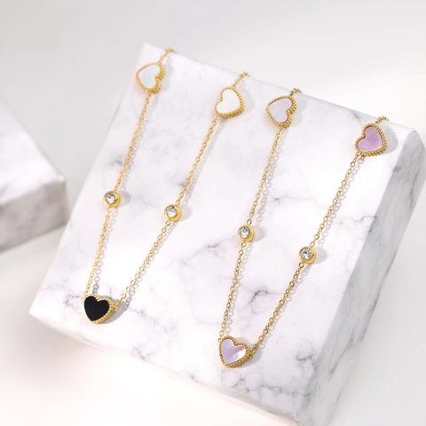 Titanium Steel Heart Bow Pendant Necklace Women Fashion Jewelry Cubic Zirconia Mother Of Artificial Pearl Shell Double Layer Necklace