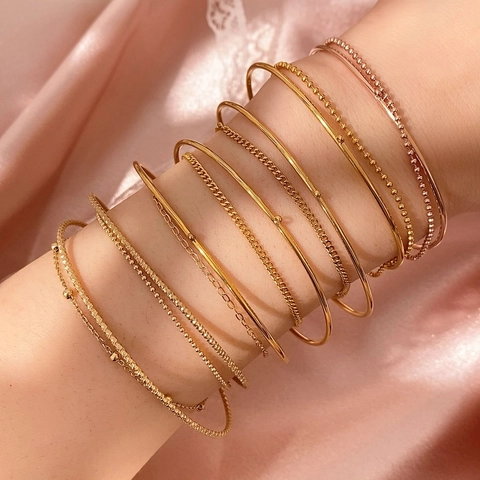 Bracciale Rigido Minimalista in Acciaio al Titanio da Donna Oro Oro Rosa Argento Geometrico Strass Catena Bracciale