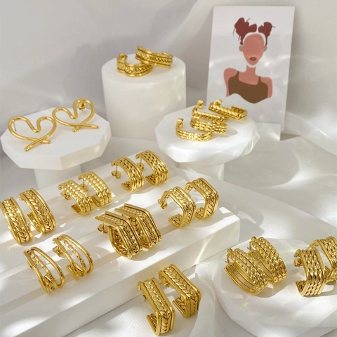 Vintage Chunky Gold Hoop Earrings For Women Exaggerated Wheat Braided Twist Texture Stainless Steel C Shape Statement Jewelry