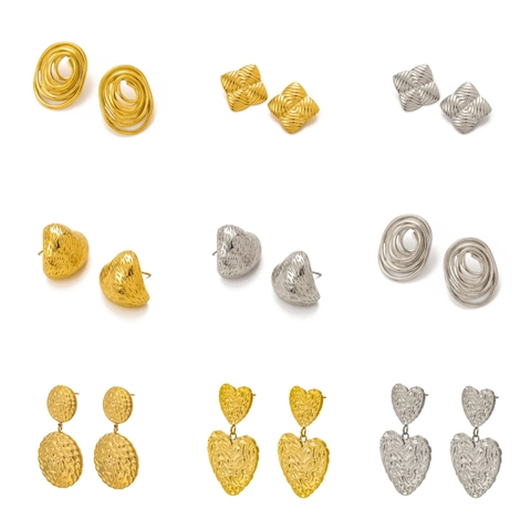 Vintage Stainless Steel Geometric Heart Stud Earrings For Women Gold Silver Plated Textured Wrinkled Spiral Round Jewelry Gift