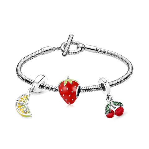 DIY Charm Snake Chain Bracelet T-Bar Toggle Clasp Silver Plated Copper Alloy Beads Fruit Animal Heart Pendant Fashion Jewelry For Women Girls Gift