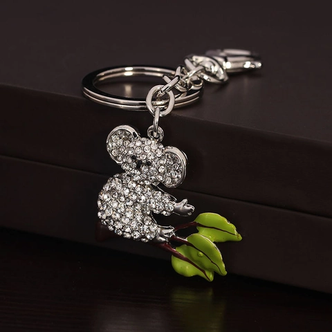 Zinc Alloy Rhinestone Koala Keychain With Green Enamel Leaf Sparkling Decorative Bag Charm For Women Key Ring Jewelry