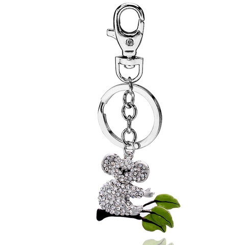 Zinc Alloy Rhinestone Koala Keychain With Green Enamel Leaf Sparkling Decorative Bag Charm For Women Key Ring Jewelry
