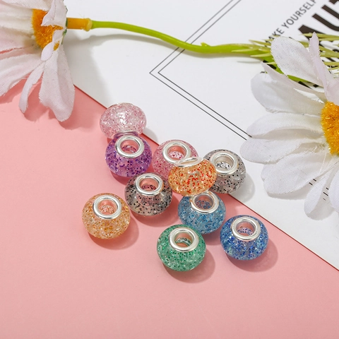 Acrylic Alloy Large Hole Beads With Glitter Sequins For DIY Bracelet Making Multicolor Handmade Craft Beads Jewelry Charms