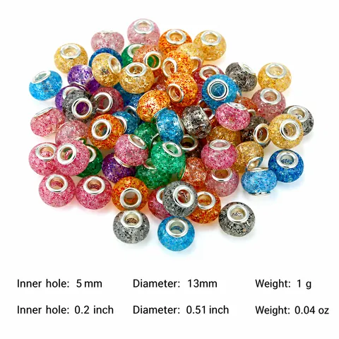 Acrylic Alloy Large Hole Beads With Glitter Sequins For DIY Bracelet Making Multicolor Handmade Craft Beads Jewelry Charms