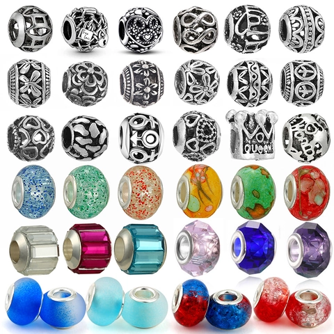 Vintage Alloy Resin Glass Large Hole Beads For DIY Jewelry Making Accessories Retro Hollow Heart Crown Spacer Beads For Bracelets Necklaces