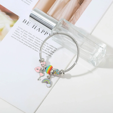 Bracelet à Breloques en Acier Inoxydable pour Femme Style Pandora Jonc DIY Perles Cœur Arc-en-ciel Étoile de Mer Papillon Bijou