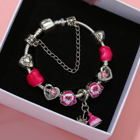 Pandora Style DIY Beaded Charm Bracelet For Women Silver Plated Snake Chain With Rhinestone Enamel Crown Dress Pendants Jewelry
