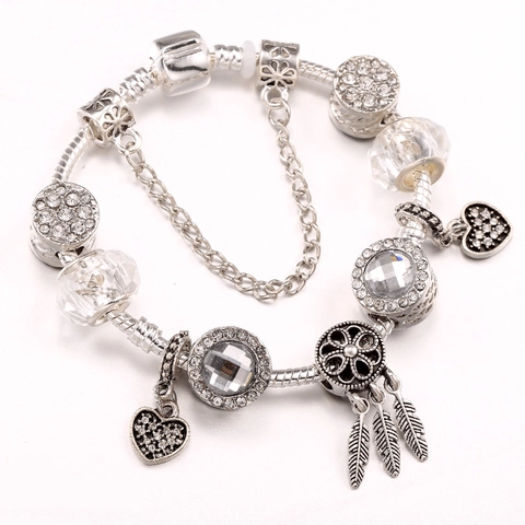 Bracciale Charm in Lega Stile Pandora per Donna Catena a Serpente Placcata in Argento Con Pendente a Cuore Acchiappasogni Perline Strass Gioielli