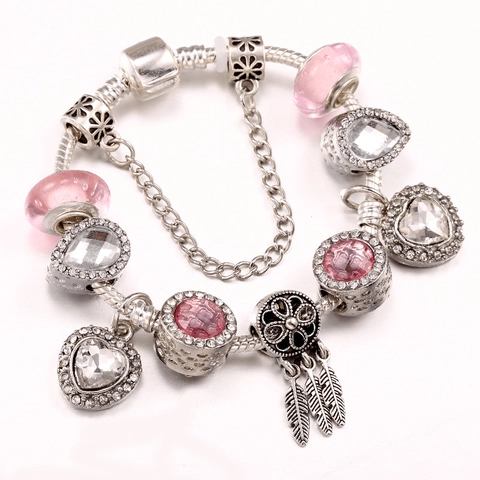 Bohemian Alloy Rhinestone Dreamcatcher Beaded Bracelet Pink Artificial Glass Heart Charm Snake Chain Women Fashion Jewelry Gift