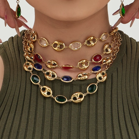Luxury Stainless Steel Jewelry For Women 18K Gold Plated Colorful Glass Stone Coffee Bean Pig Nose Chain Necklace And Bracelet