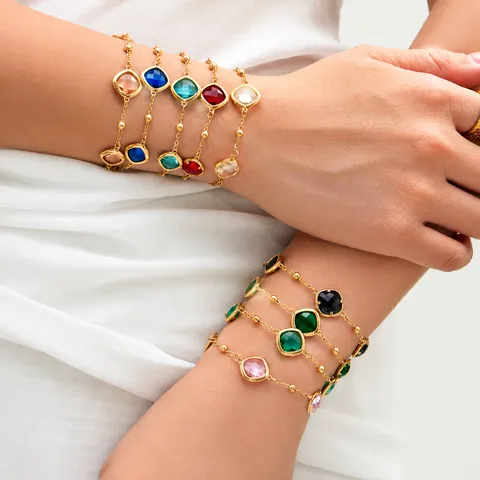 Luxury Stainless Steel Square Cut Color Glass Stone Necklace Bracelet Earrings 18K Gold Plated Jewelry For Women