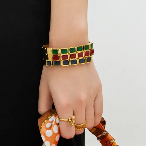 Vintage Stainless Steel Square Colorful Glass Stone Bangle 18K Gold Plated Geometric Fashion Jewelry Bracelet For Women