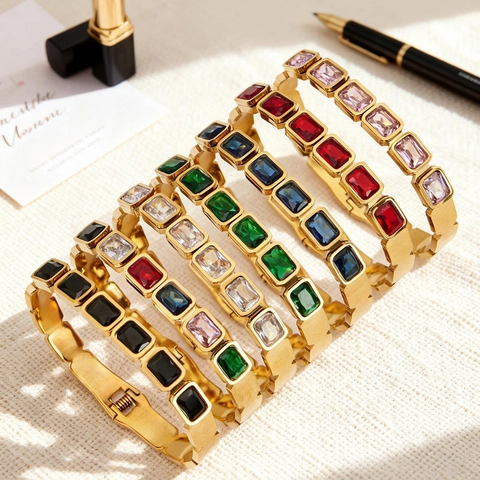 Brazalete de Acero Inoxidable Con Piedra de Vidrio Colorida Rectangular Chapado en Oro de Dieciocho Quilates Joyería Para Mujer