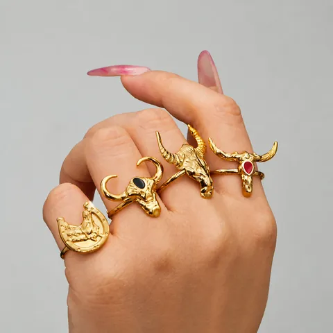 Anillo Abierto de Cabeza de Toro de Acero Inoxidable Vintage Chapado en Oro de 18K Joyería Punk de Motivo Animal