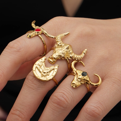 Anillo Abierto de Cabeza de Toro de Acero Inoxidable Vintage Chapado en Oro de 18K Joyería Punk de Motivo Animal