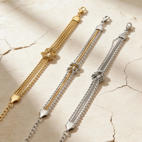 Pulsera de Cadena de Múltiples Hebras con Nudo de Acero Inoxidable para Mujer Bañado en Oro 18K Pulsera de Eslabones Trenzados Bicolor Joyería