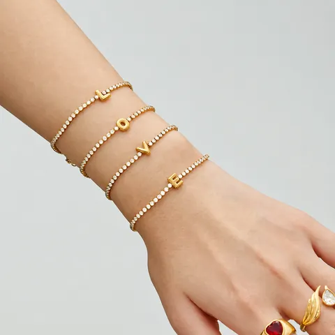 Luxury Stainless Steel Sparkling Zirconia 26 Initial Letter Bracelet 18K Gold Plated Personalized Alphabet Tennis Bracelet For Women Jewelry Gift