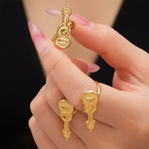 Trendy Stainless Steel Guitar Shaped Open Ring For Women 18K Gold Plated Adjustable Music Themed Ins Style Jewelry Gift
