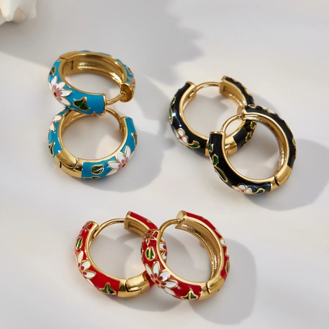 Bohemian Flower Enamel Hoop Earrings 18K Gold Plated Stainless Steel Vintage Floral Huggie Jewelry For Women