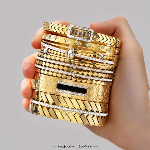 Luxury Stainless Steel Geometric Rhombus Bangle For Women Gold Plated Zirconia Rhinestone Bracelet Fashion Hand Jewelry