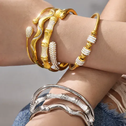 Pulsera Brazalete Abierto Geométrico de Onda de Bambú de Acero Inoxidable de Moda Occidental para Mujeres Chapado en Oro Plata Con Circonia