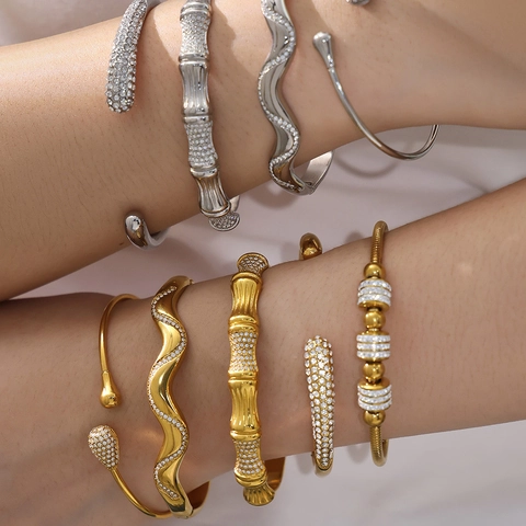 Stainless Steel Geometric Zircon Open Cuff Bracelet Elegant Wave Bamboo Design Fashion Jewelry For Women