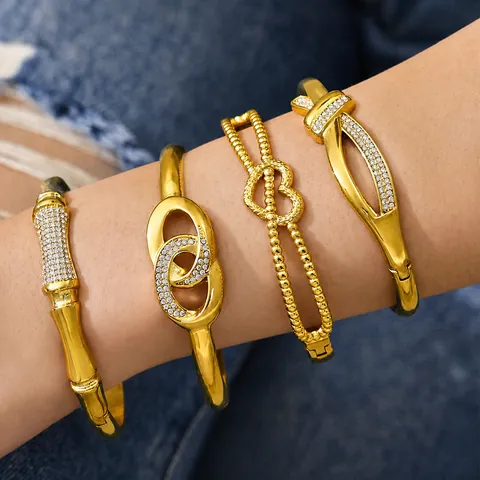 Bracciale Rigido in Acciaio Inossidabile con Strass Cuore Nodo a Bambù Doppio Anello da Donna Placcato Oro Argento Gioielli