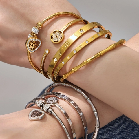 Stainless Steel Zircon Bamboo Joint Bangle For Women Tree Of Life Heart Pendant Star Flower Design Gold Plated Jewelry