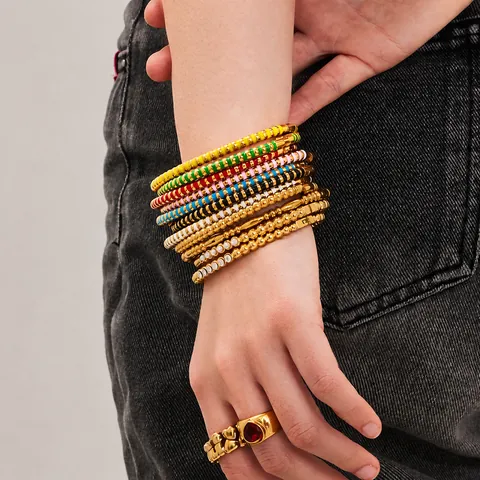 Stainless Steel Gold Plated Geometric Enamel Bangle For Women Rhinestone Artificial Pearl Waterproof Hypoallergenic Jewelry