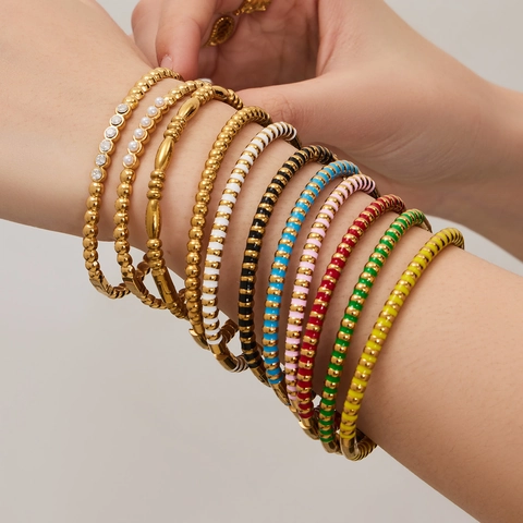 Stainless Steel Gold Plated Geometric Enamel Bangle For Women Rhinestone Artificial Pearl Waterproof Hypoallergenic Jewelry
