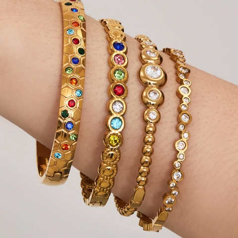 Geometrischer Zirkonia Emaille Edelstahl Armreif Für Damen 18K Vergoldet Wabe Bunter Stein Armband Schmuck Geschenk