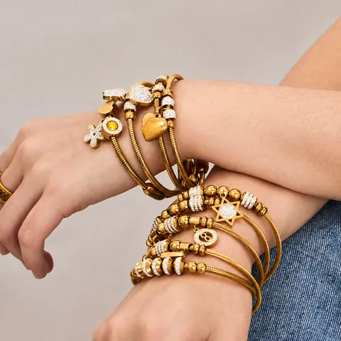 Bracciale Rigido in Acciaio Inossidabile Geometrico con Ciondolo in Strass Placcato Oro 18K Cuore Stella Fiore Infinito Donna