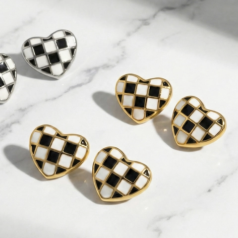 Heart Shaped Checkerboard Pattern Stud Earrings Stainless Steel Enamel Retro Minimalist Style For Women
