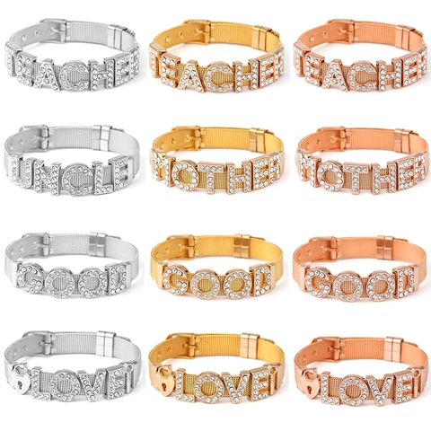 Stainless Steel Mesh Band Bracelet For Women With Rhinestone Letter Charms Love Mother Teacher Adjustable Belt Buckle Jewelry