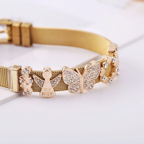 Fashion Stainless Steel Mesh Band Charm Bracelet For Women Rhinestone Butterfly Heart Sunflower Adjustable Milanese Jewelry
