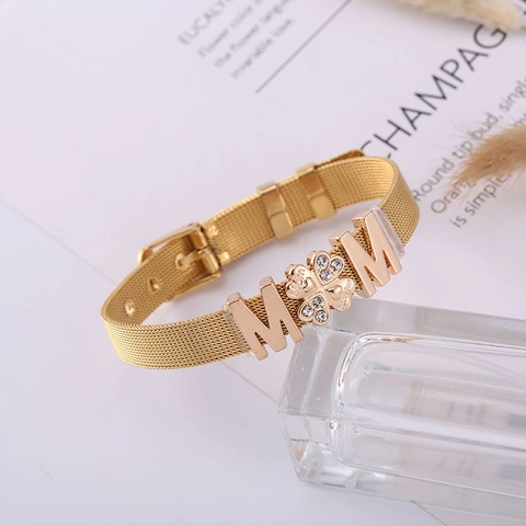 Titanium Steel Mesh Bracelet For Women MOM Heart Rhinestone Pendant Adjustable Milanese Band Bracelet Mothers Day Gift