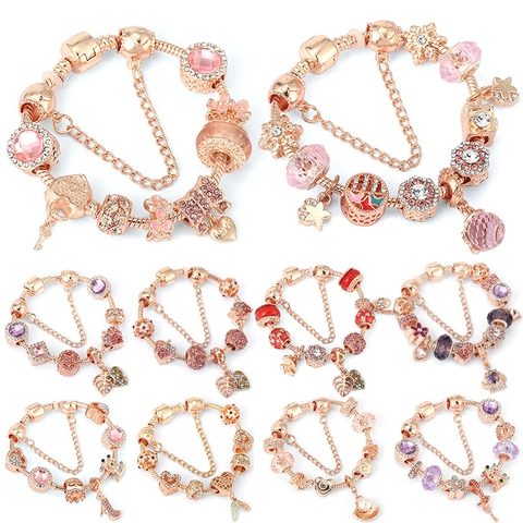 Set di Braccialetti Charm DIY Placcati Argento Oro Rosa per Donna Con Pendente a Cuore Corona Gioielli Regalo per Madre Figlia
