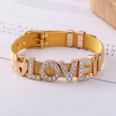 Stainless Steel Mesh Band Bracelet For Women With Rhinestone Letter Charms Love Mother Teacher Adjustable Belt Buckle Jewelry