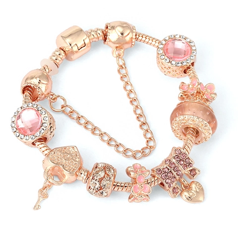 Set di Braccialetti Charm DIY Placcati Argento Oro Rosa per Donna Con Pendente a Cuore Corona Gioielli Regalo per Madre Figlia
