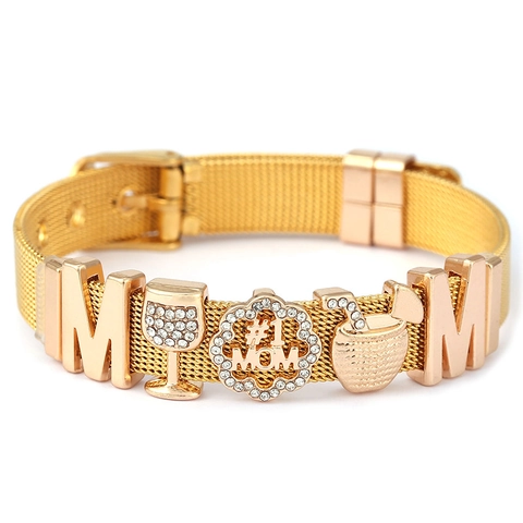 Bracelet en Mailles d'Acier Inoxydable 10mm pour Femme Avec Breloques MOM en Alliage Strass Pendentif Verre à Vin Bijoux de Mode Cadeau de Fête des Mères