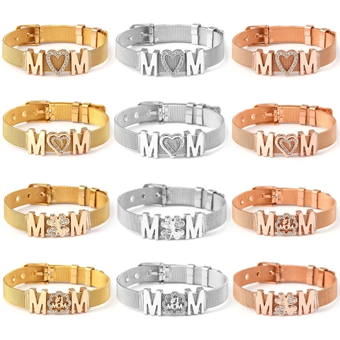 Titanium Steel Mesh Bracelet For Women MOM Heart Rhinestone Pendant Adjustable Milanese Band Bracelet Mothers Day Gift