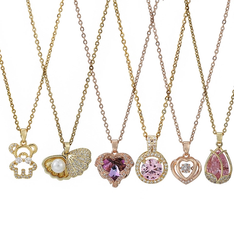 Elegant Titanium Steel Pendant Necklace For Women Inlaid Rhinestone Artificial Pearl Bear Shell Heart Star Jewelry Gift