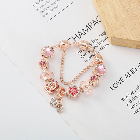 Rose Gold Charm Bracelet Pink Hearts Charms DIY Snake Chain Silver Plated Rhinestone Jewelry Romantic Gift For Women