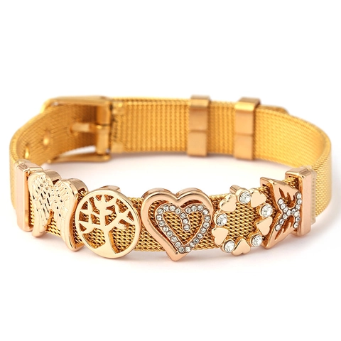 Women Fashion Stainless Steel Mesh Watch Band Bracelet DIY Heart Wings Tree Of Life Charms Adjustable Jewelry Bracelet