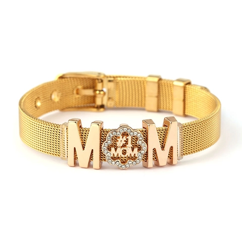 Muttertag Geschenk Edelstahl MOM Buchstabe Maschenarmband Mit Strass Herz Anhänger Verstellbarem Mailänder Gurt Schmuck