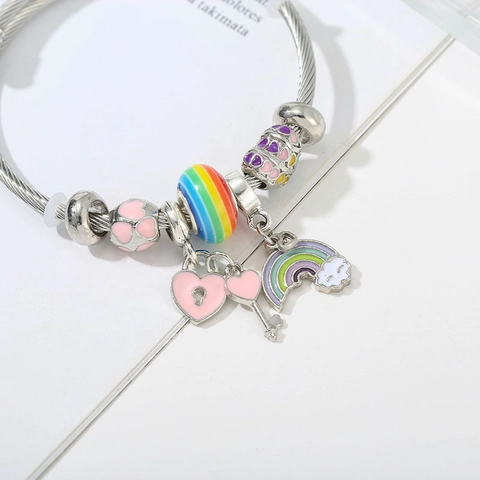 Bracelet à Breloques en Acier Inoxydable pour Femme Style Pandora Jonc DIY Perles Cœur Arc-en-ciel Étoile de Mer Papillon Bijou