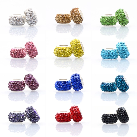 Silver Plated Colorful Rhinestone Pave Large Hole Beads For DIY Bracelet Necklace Jewelry Making Women Fashion Charms Accessories
